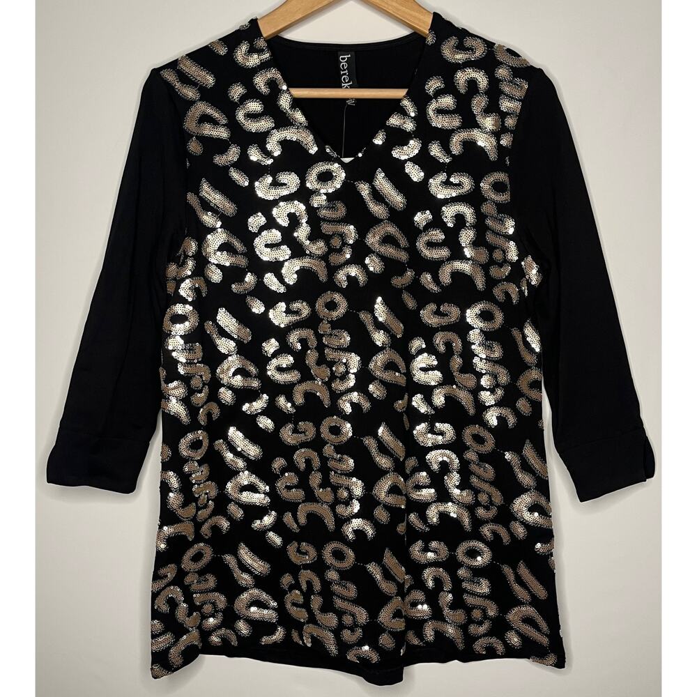 Berek women's black top silver and gold sequence leopard print long sleeve S